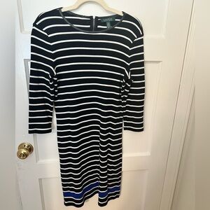 Lauren Ralph Lauren Black and White Striped Long-Sleeve Knit Dress with Blue Hem